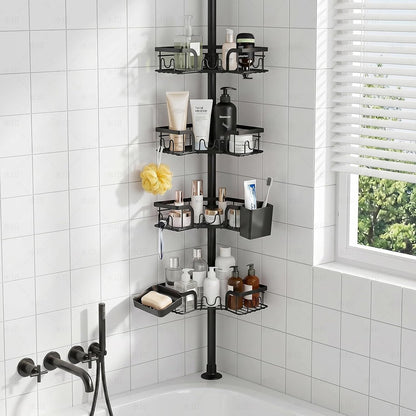 4-Tier Corner Shower Caddy Tension Pole, Floor to Ceiling Shower Corner Shelf Organizer with Soap Hold No-Drill 23.6-114.5 Inch (Black Old)1