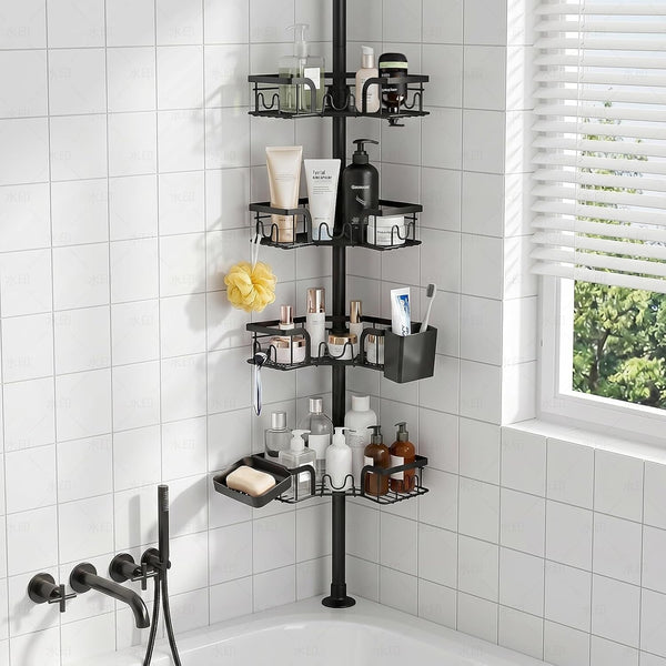 4-Tier Corner Shower Caddy Tension Pole, Floor to Ceiling Shower Corner Shelf Organizer with Soap Hold No-Drill 23.6-114.5 Inch (Black Old)1
