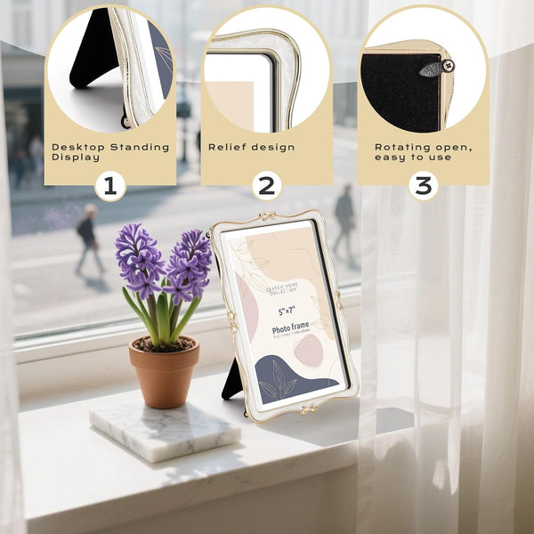 Metal Bow Picture Frame 5X7 Photo Frames with High Definition Glass Front Gift Ideas Tabletop Home Decorative, Gold & White7