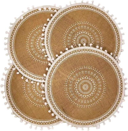 Placemats, Dining Winter Modern Dinner Braided Beige and Fall Circle Placemats Boho Runner Kitchen round Table Plate Mats Set of 4 (White Ball)1