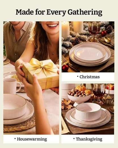 Plates and Bowls Set with Rim, Stoneware Dinnerware Sets for 47