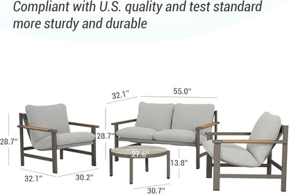 4-Piece Patio Conversation Set, All-Aluminum Outdoor Furniture Set with Teak-Look Armrests & Olefin Cushions, Weather-Resistant Patio Furniture for Backyard, Porch, Balcony, Deck6