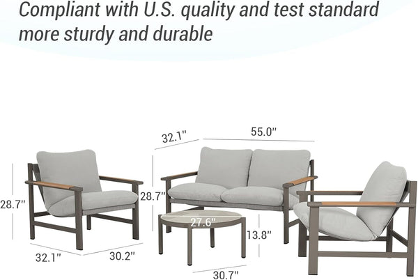 4-Piece Patio Conversation Set, All-Aluminum Outdoor Furniture Set with Teak-Look Armrests & Olefin Cushions, Weather-Resistant Patio Furniture for Backyard, Porch, Balcony, Deck6