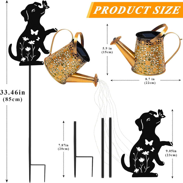 Solar Lights Outdoor Decorative, Watering Can with Cascading Lights, with Dog Silhouette Garden Stakes, Gifts for Mom Women, Waterproof Metal Garden Decor for Yard Art, Outside(1 Pack)5
