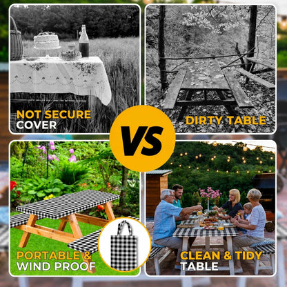 Vinyl Fitted Picnic Table Cover with Bench Covers & Bag 6Ft Black Checkered |  Outdoor Waterproof, Windproof Tablecloth with Elastic Edges. Camping RV Gear Campers Must Have 72X30 Inches6