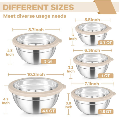 Mixing Bowls Set, Stainless Steel Salad Bowl with Lids, Khaki2