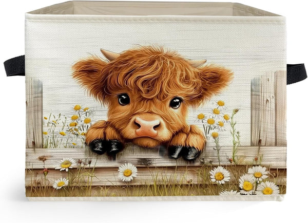 Farmhouse Highland Cow Storage Box Bins, Rustic Daisy Floral Heifer Collapsible Storage Basket Organizer for Girls Bedroom Laundry Room Home Clothes Books, Decor for Room1