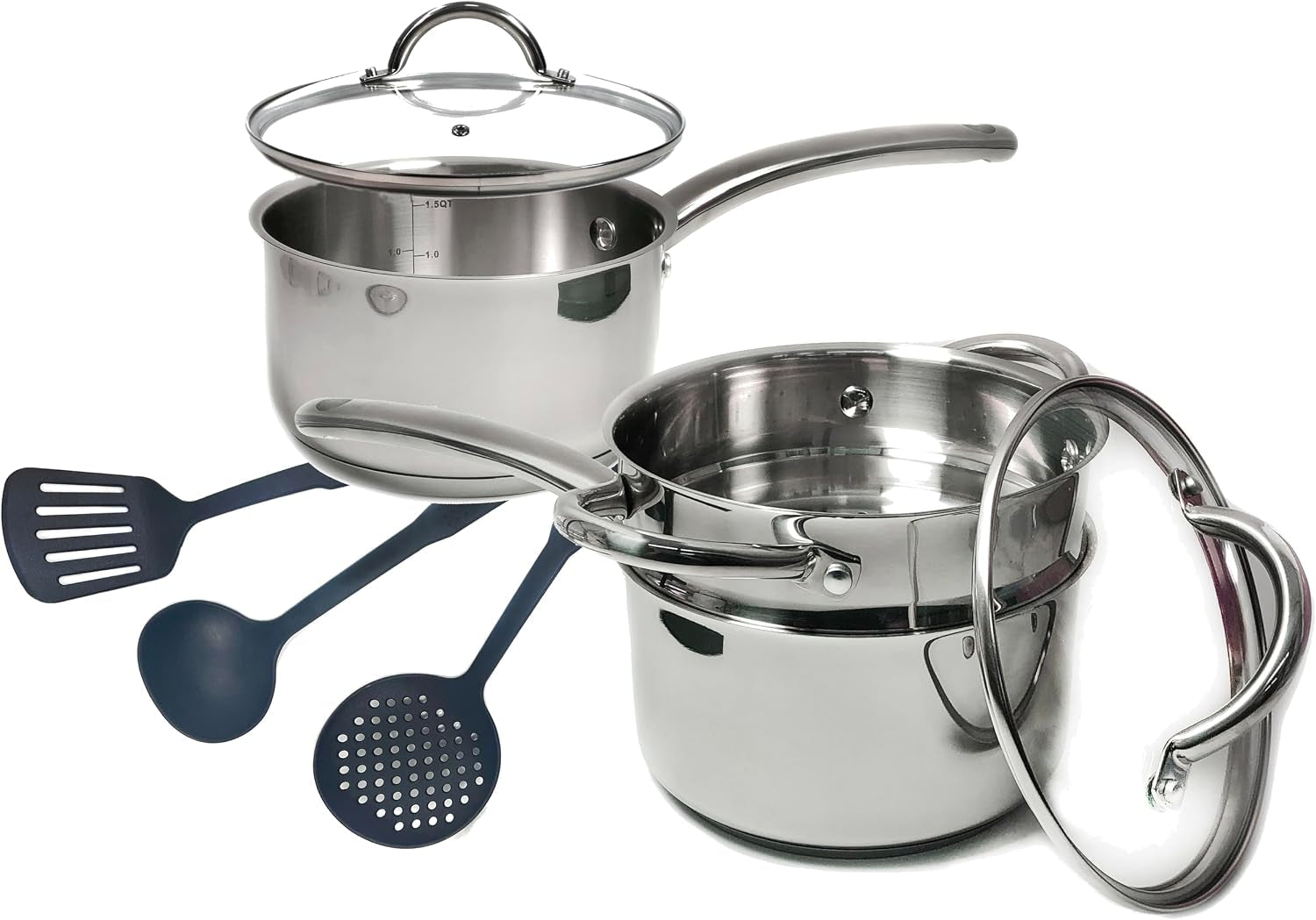 stainless-steel-saucepan-glass-lid-casting-steel-handle-induction-impact-bonded-8-pcs-set-steamer