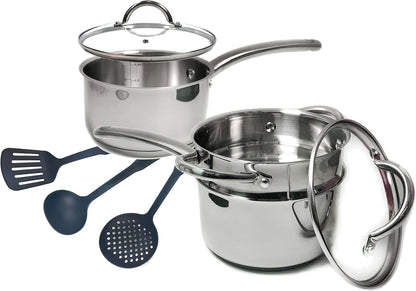 Stainless Steel Saucepan Glass Lid Casting Steel Handle Induction Impact Bonded 8 PCS Set Steamer1