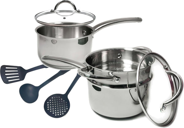 Stainless Steel Saucepan Glass Lid Casting Steel Handle Induction Impact Bonded 8 PCS Set Steamer1