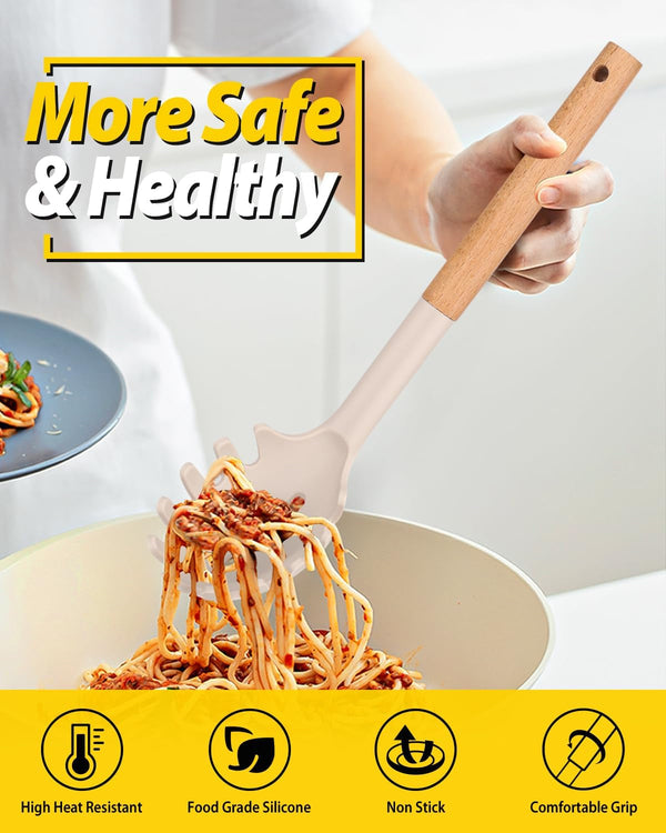 Silicone Pasta Fork and Ladle Spoon Set with Wooden Handle, Heat Resistant Non Stick Kitchen Utensils for Cooking, Stirring, Serving Spaghetti, Soup, Sauce(Khaki)3
