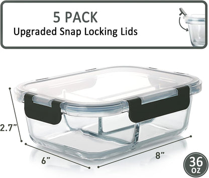 5 Pack,36 Oz, 3 Compartments Glass Meal Prep Containers with Lids2