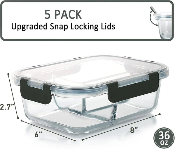 5 Pack,36 Oz, 3 Compartments Glass Meal Prep Containers with Lids2