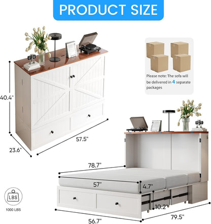 Murphy Bed Full with Mattress Included, Farmhouse Frame Cabinet Beds Chest with Charging Station & Storage Drawers, Convertible Hideaway Cabinet Bed for Guest Room, White2