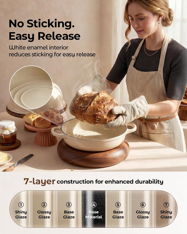 5QT Enameled Cast Iron Sourdough Bread Oven for Homemade, White | Tight-Fitting Dome Lid, Shallow Base Supports Easier Loading & Crisp Sourdough Crusts, Gifts for Sourdough Bakers5
