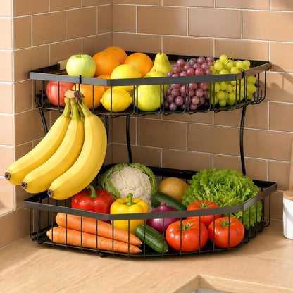 2 Tier Fruit Basket for Kitchen Counter with 2 Banana Hangers for Corner | Detachable Metal Fruit Bowl with Wooden Handle, Large Capacity Fruit Stand for Bread Fruit and Vegetable Storage, Black1