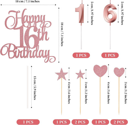 16Th Birthday Cake Decorations, 16Th Birthday Candles Cake Numeral Candles and Glitter Happy 16Th Birthday Cake Toppers Set for Birthday Party Supplies (Rose Gold)2