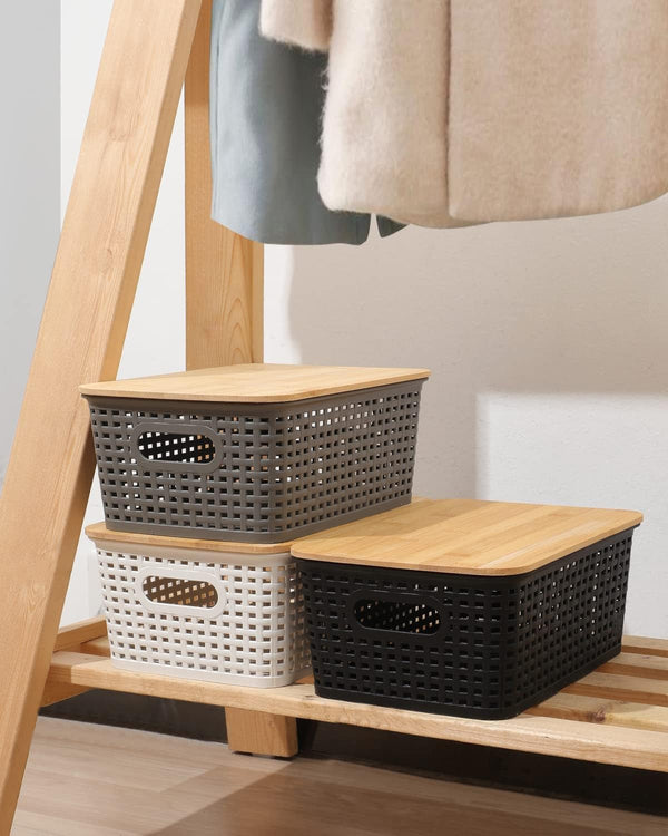 Storage Bins with Bamboo Lids Set of 6 Lidded Storage Container Plastic Baskets Organizer Bins for Organizing Kithen Room Bedroom Office Closet, Sturdy(Black)4