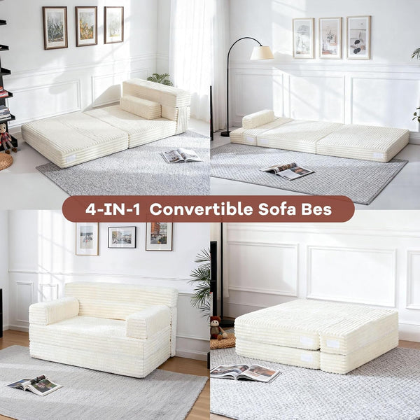 Folding Sofa Bed,Convertible Sofa Bed with Armrest Foldable Sleeper Chair, Portable Folding 4-In-1 Floor Sofa with Convertible Lounge Chair for Living Room,Bedroom,Washable Cover,White Single7