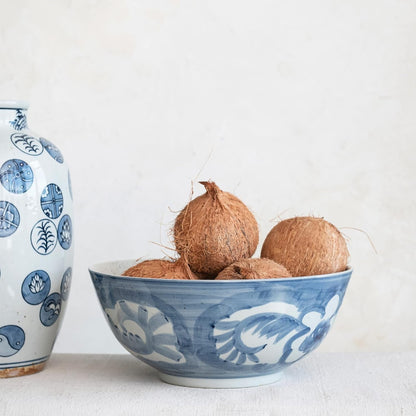 Creative Co-Op Hand Painted Stoneware Bowl with Floral Design, Blue and White2