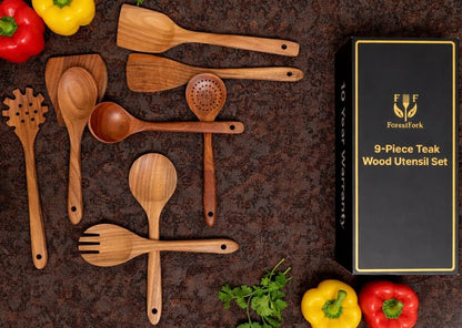Wooden Kitchen Utensil Set, 9-Piece Teak Wood Cooking Spoons-Heat-Resistant, Non-Scratch, Durable Kitchen Tools, Perfect Cooking Gift4
