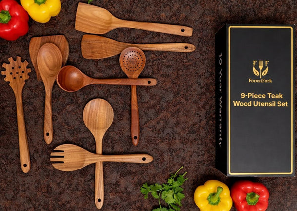 Wooden Kitchen Utensil Set, 9-Piece Teak Wood Cooking Spoons-Heat-Resistant, Non-Scratch, Durable Kitchen Tools, Perfect Cooking Gift4