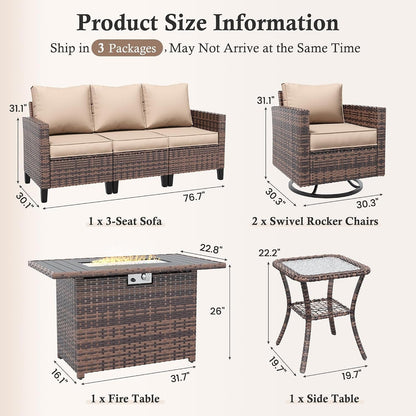 Patio Furniture Set with Fire Pit Table, Wicker Outdoor Sectional Sofa with Swivel Rocker Chairs, All-Weather Rattan Conversation Set, Waterproof Cover for Backyard, Deck Brown/Khak 5 PCS7