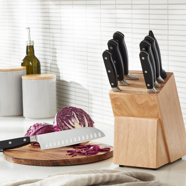 9-Piece High-Carbon Stainless Steel Kitchen Knife Set with Ergonomic Handles, Full Tang Construction, Pine Wood Block, Black8