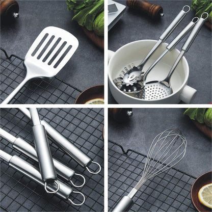 Cooking Utensil Set 13 Piece Stainless Steel Kitchen Tool Set with Holder, Include Cooking Spoon, Spatula, Whisk, Cooking Tong and Etc. (13 Pieces)6