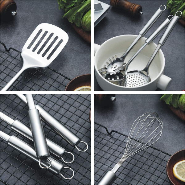 Cooking Utensil Set 13 Piece Stainless Steel Kitchen Tool Set with Holder, Include Cooking Spoon, Spatula, Whisk, Cooking Tong and Etc. (13 Pieces)6