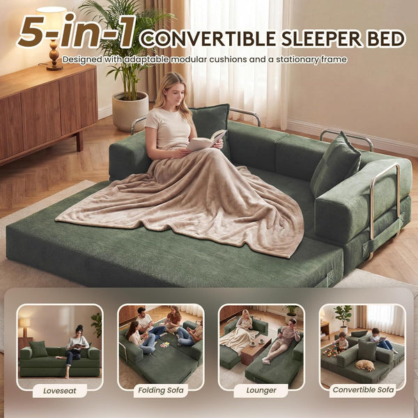 78" 5-In-1 Convertible Futon Sofa Bed, Boneless Corduroy, Green3