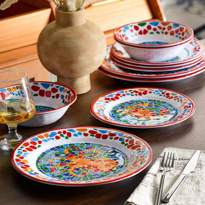 Melamine Dinnerware Set, 12 Pcs Dishware Sets, Plate and Bowl Set for 44