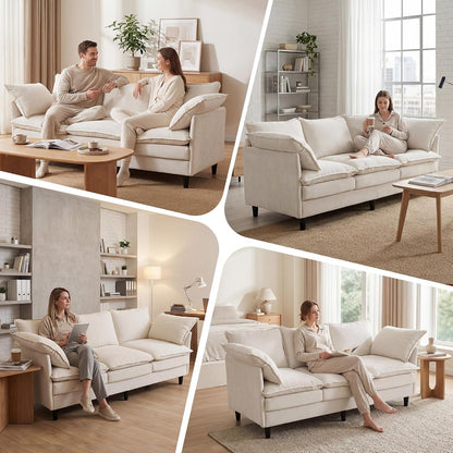 69" Couch Sofa L-Shape 3 Seat with Ottoman, Small Cloud Sofa Double-Layer Cushion 23" Deep Seat Washable Chenille Pillows Couches for Living Room Apartment Office 69-Beige-L9