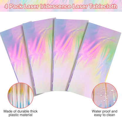4 Pack Iridescent Plastic Tablecloths, Disposable Table Covers | Shiny Laser Rectangle Holographic Foil Tablecloth for Iridescent Birthday Party Supplies Decorations4