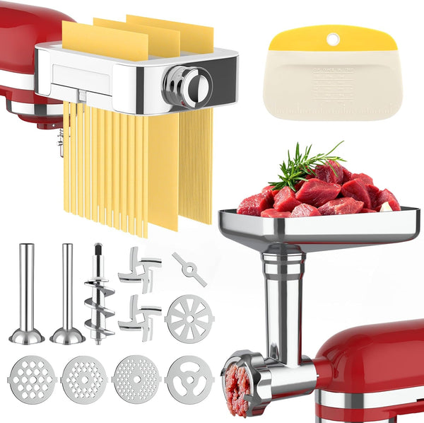 Meat Grinder Pasta Maker Attachment for Kitchenaid Stand Mixers,Set for Kitchenaid Mixer Attachments Includes Metal Food Grinder with Sausage Stuffer Tubes,3 in 1 Pasta Attachment,Dough Cutter1