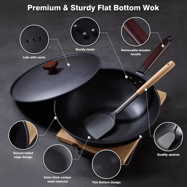 Carbon Steel Wok, 13" Woks & Stir-Fry Pans Nonstick with Lid | Pre-Seasoned Flat Bottom Chinese Wok, Wok Pan with Spatula and Dish Brush for Induction, Electric, Gas, All Stoves4