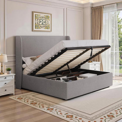 Queen Size Lift up Storage Bed Frame with 51.2" Wingback Headboard, Linen Upholstered Platform Bed, Hydraulic Support System, Reinforced Metal Structure, No Box Spring Needed, Light Grey9
