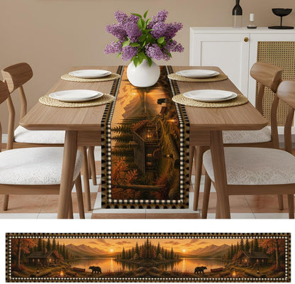 Mountains Bear Table Runner Cotton Linen 72 Inch Holiday Dresser Scarves, Farmhouse Country Cabins Pine Tree Brown Tablerunner for Kitchen Coffee Dining Living Room Dinner Scarf Décor 13''X72''8