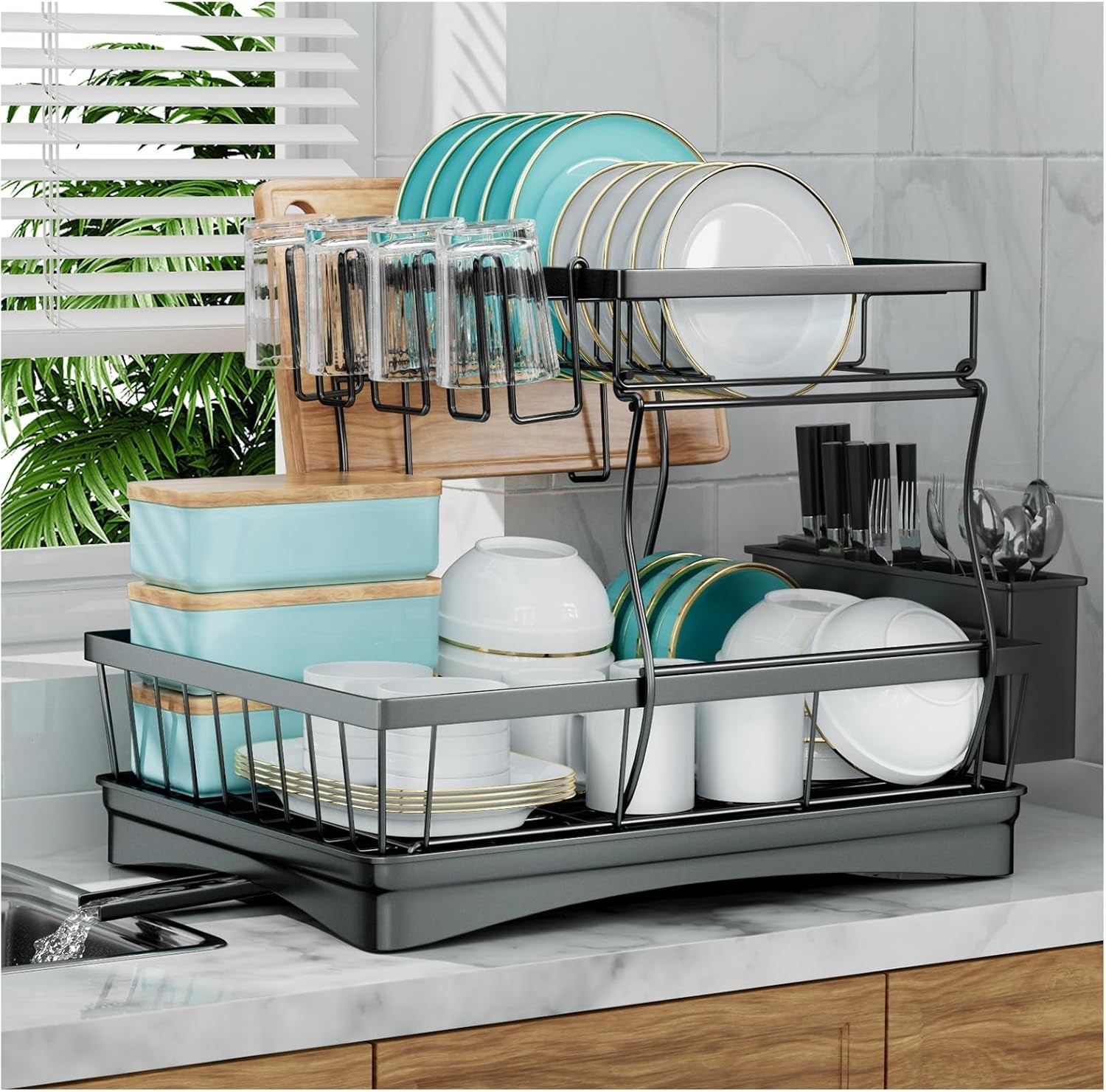 2-tier-large-dish-drying-rack-for-kitchen-counter-black