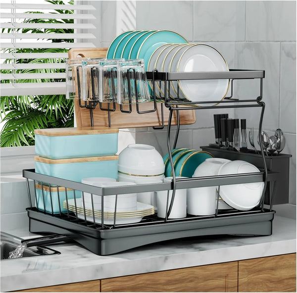 2-Tier Large Dish Drying Rack for Kitchen Counter, Black1