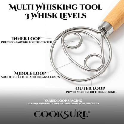 Danish Dough Whisk for Sourdough Bread – 13 Inch Bread Whisk with Wooden Handle – 304 Stainless Steel Hook for Heavy Dough Baking, Swedish Dough Whisk Tool3