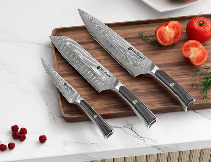 3PCS Damascus Chef Knife Set, VG10 Full Tang, Pakkawood Handle7