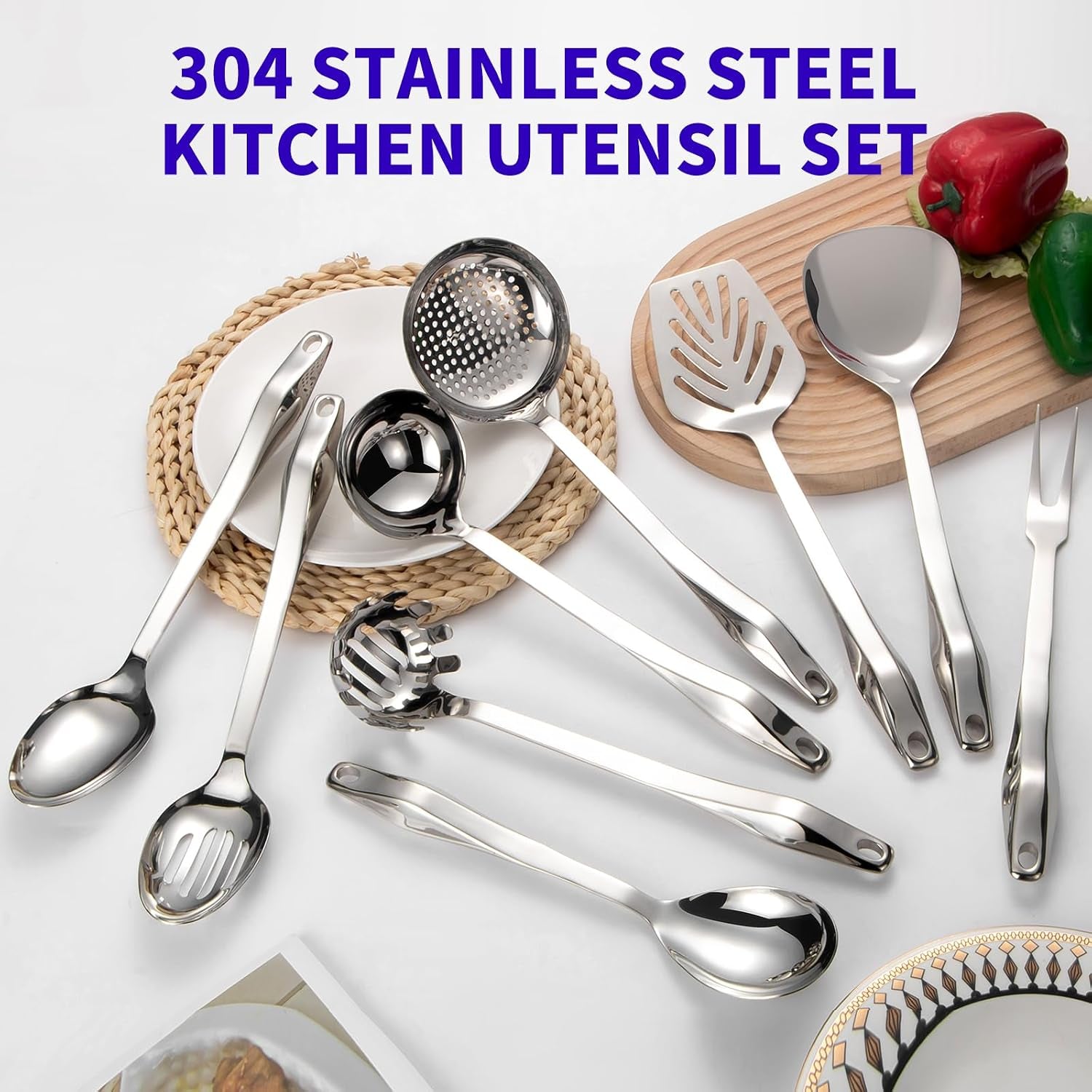 304-stainless-steel-kitchen-utensil-set-9pcs-cooking-utensils-metal-kitchen-utensil-spatula-sets-cookware-high-temperature-resistance-kitchen-tool-set-for-hanging-dishwasher-safe-silver