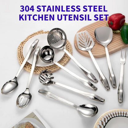 304 Stainless Steel Kitchen Utensil Set - 9Pcs Cooking Utensils, Metal Kitchen Utensil Spatula Sets Cookware,High Temperature Resistance Kitchen Tool Set for Hanging Dishwasher Safe（Silver）4