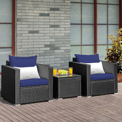 3 Pieces Patio Furniture Set, PE Rattan Wicker Sofa Set W/Washable Cushion and Tempered Glass Tabletop, Outdoor Conversation Furniture for Garden Poolside (Navy Blue)2