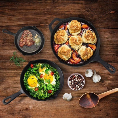 Cast Iron Skillets 3-Piece Set, 6", 8" & 10" Pre-Seasoned Pan Set | Cast Iron with 3 Heat-Resistant Silicone Handle Holders, Indoor & Outdoor Use, Oven Grill Stovetop Induction Safe Cookwar5