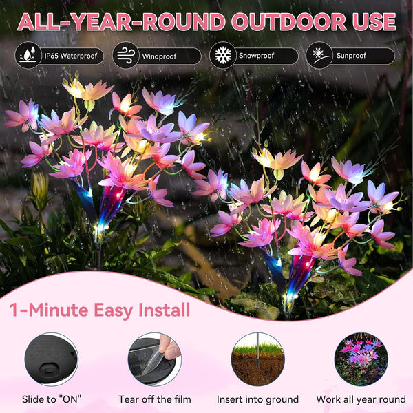 Solar Flowers Outdoor Waterproof IP65, 5-Head Snow Lotus with 20+ Flowers, 4-Color Light & 2 Lighting Modes, Decorative Solar Lights Outdoor Garden, Yard, Pathway, Flower Bed (6-Pack, Pink)5