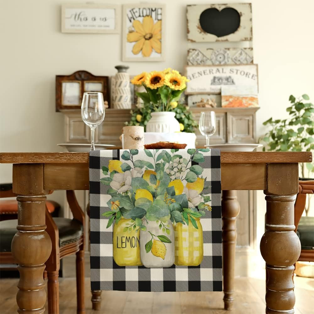 black-buffalo-check-summer-table-runner-13-x-60-inch-lemon-vase-spring-farmhouse-rustic-holiday-runners-kitchen-dining-table-decoration-for-indoor-outdoor-dinner-party-decor