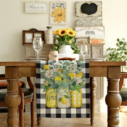 Black Buffalo Check Summer Table Runner 13 X 60 Inch, Lemon Vase Spring Farmhouse Rustic Holiday Runners Kitchen Dining Table Decoration for Indoor Outdoor Dinner Party Décor2