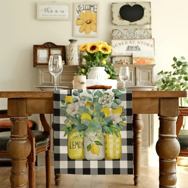 Black Buffalo Check Summer Table Runner 13 X 60 Inch, Lemon Vase Spring Farmhouse Rustic Holiday Runners Kitchen Dining Table Decoration for Indoor Outdoor Dinner Party Décor2